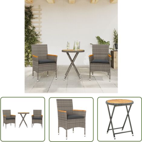 The Living Store 3-tlg. Bistro-Set mit Kissen Grau Poly Rattan & Akazienholz - Gartensitzgruppe - Bistroset - Outdoor Möbel - Gartenmöbel - Esstisch