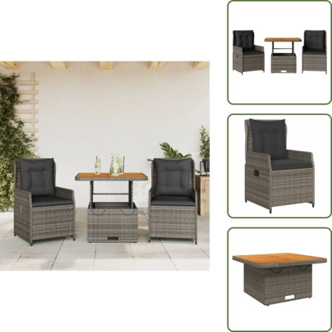 The Living Store 3-tlg. Bistro-Set mit Kissen Grau Poly Rattan - Gartentisch - Esszimmergarnitur - Outdoor Möbel - Lounge Set - Gartenlounge