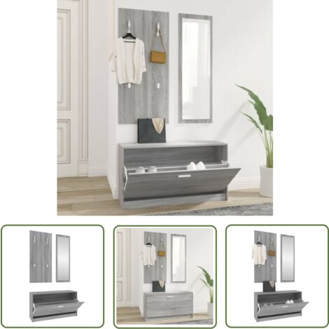 The Living Store 3-tlg. Flurmöbel-Set Grau Sonoma Holzwerkstoff - Schuhschrank - Garderobe - Spiegel - Flurmöbel - Wohnraumorganisation