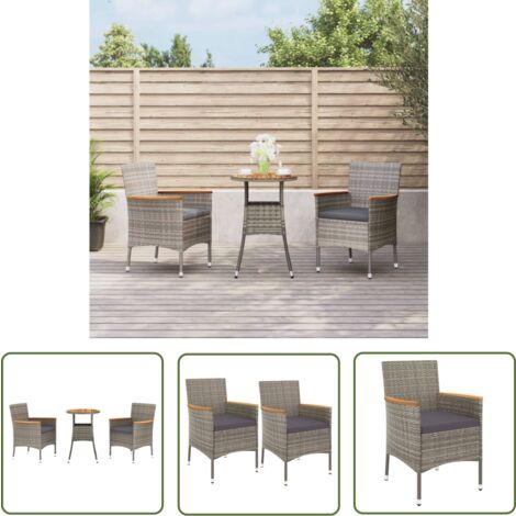 The Living Store 3-tlg. Garten-Bistro-Set mit Kissen Grau Poly Rattan - Gartensitzgruppe - Outdoor Möbel - Bistroset - Gartenmöbel - Polyrattan