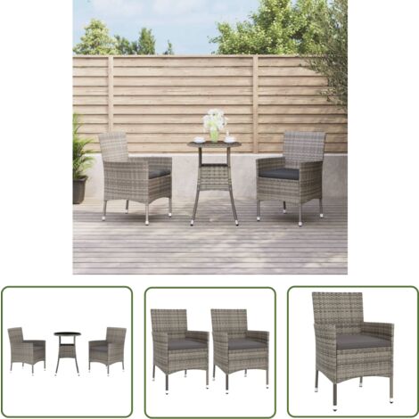The Living Store 3-tlg. Garten-Bistro-Set mit Kissen Grau Poly Rattan - Gartensitzgruppe - Outdoor Möbel - Bistrotisch - Gartenmöbel Set - Polyrattan
