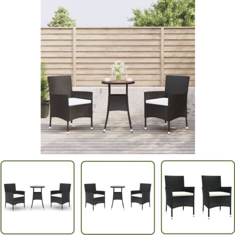 The Living Store 3-tlg. Garten-Bistro-Set mit Kissen Schwarz Poly Rattan - Gartensitzgruppe - Outdoor Möbel - Gartenmöbel - Bistroset - Esstisch