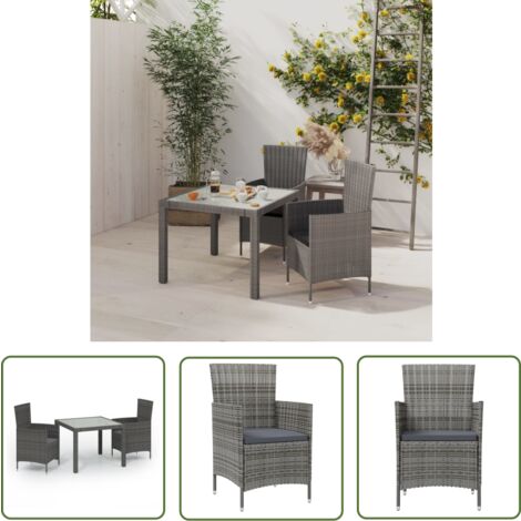 The Living Store 3-tlg. Garten-Essgruppe mit Kissen Poly Rattan Grau - Gartengarnituren - Gartenmöbel Set - Outdoor Esstisch - Rattan Gartenmöbel - Balkonmöbel
