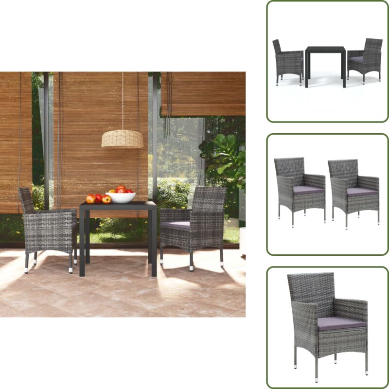 Vidaxl 3-tlg. Garten-essgruppe Mit Kissen Poly Rattan Grau - Gartensessel - Gartenstuhl - Outdoor Möbel - Balkonmöbel - Terrassenmöbeln - The Living Store