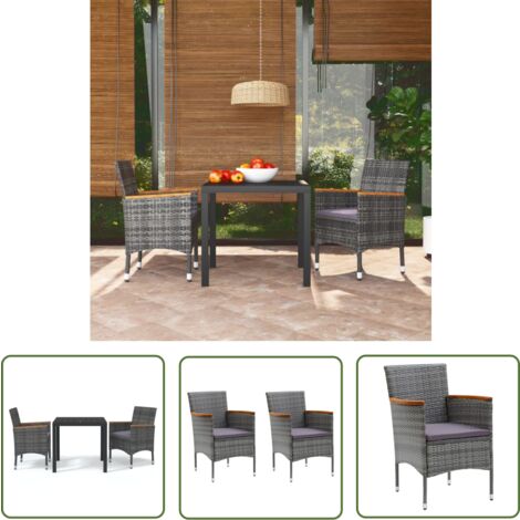 The Living Store 3-tlg. Garten-Essgruppe mit Kissen Poly Rattan Grau - Gartensessel - Gartenstuhl - Outdoor Möbel - Balkonmöbel - Terrassenmöbeln