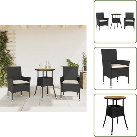 The Living Store 3-tlg. Garten-Essgruppe mit Kissen Schwarz Poly Rattan Akazie - Gartenmöbelset - Esstisch - Gartenstühle - Poly Rattan - Rattan Möbel