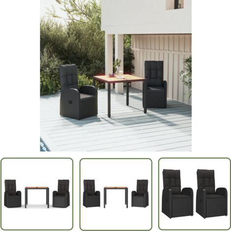 The Living Store 3-tlg. Garten-Essgruppe mit Kissen Schwarz Poly Rattan - Gartensessel - Gartenmöbel - Outdoor Möbel - Esstisch - Essgruppe
