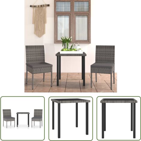 The Living Store 3-tlg. Garten-Essgruppe Poly Rattan Grau - Gartengruppe - Esstisch - Gartenmöbel - Outdoor-Möbel - Rattanmöbel
