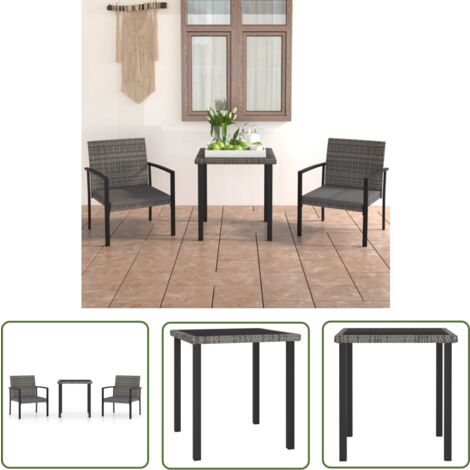The Living Store 3-tlg. Garten-Essgruppe Poly Rattan Grau - Gartengruppe - Esstisch - Gartenstuhl - Polyrattan - Outdoormöbel