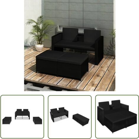 The Living Store 3-tlg. Garten-Lounge-Set mit Auflagen Poly Rattan Schwarz - Gartensofa - Lounge Set - Gartenmöbeln - Outdoor Furniture - Polyethylen-Rattan