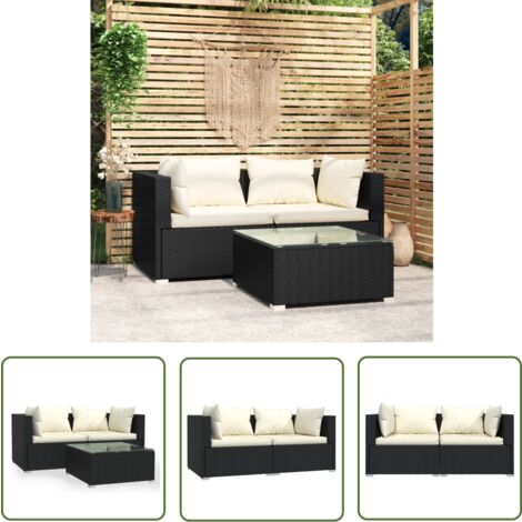 The Living Store 3-tlg. Garten-Lounge-Set mit Auflagen Schwarz Poly Rattan - Gartengeräte - Lounge Set - Gartenmöbel - Outdoor Furniture - Esszimmergarnitur