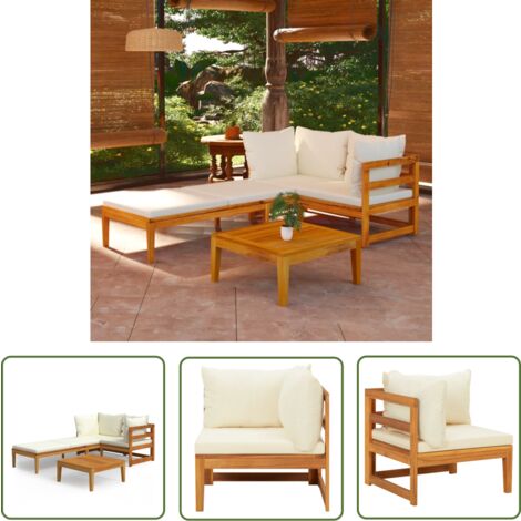 The Living Store 3-tlg. Garten-Lounge-Set mit Cremeweißen Kissen Massivholz Akazie - Gartensofa - Lounge Set - Gartenmöbeln - Holz Möbel - Akasienholzmöbel