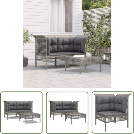 The Living Store 3-tlg. Garten-Lounge-Set mit Kissen Grau Poly Rattan - Gartenmöbel - Loungesessel - Gartenloungeset - PE-Rattan Möbel - Wetterfeste Gartenmöbel