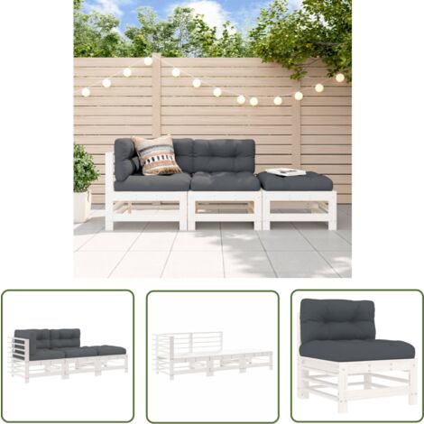 The Living Store 3-tlg. Garten-Lounge-Set mit Kissen Weiß Massivholz - Gartenmöbel - Loungesessel - Rattan Möbel - Holz Gartenmöbel - Esszimmergarnituren