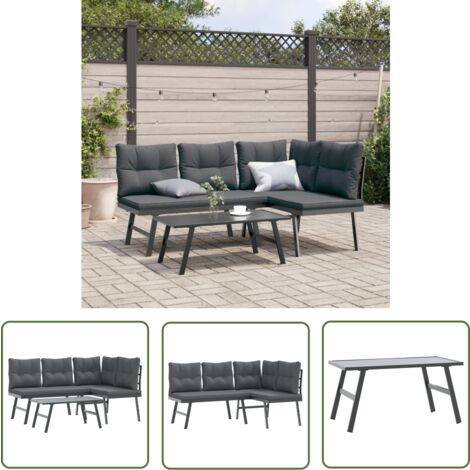 The Living Store 3-tlg. Garten-Sitzgruppe mit Kissen Schwarz Stahl - Gartengarnitur - Gartenmöbelset - Esszimmer Im Freien - Outdoor Möbel - Balkonmöbel