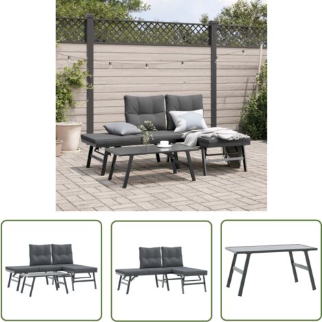 The Living Store 3-tlg. Garten-Sitzgruppe mit Kissen Schwarz Stahl - Gartenzubehör - Gartenmöbel - Gartenset - Esszimmer Im Freien - Outdoor Möbel