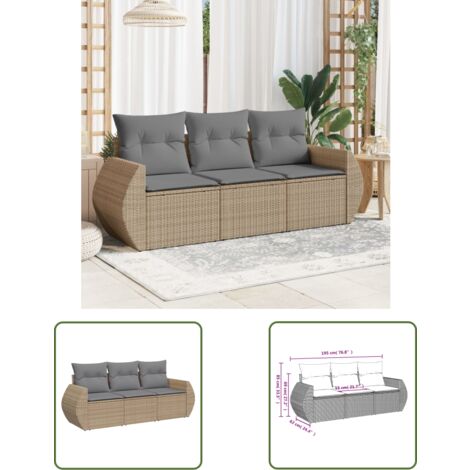 The Living Store 3-tlg. Garten-Sofagarnitur mit Kissen Beige Poly Rattan - Gartenmöbel - Outdoor-Lounge - Rattan Gartenset - Lounge Set - Balkonmöbel