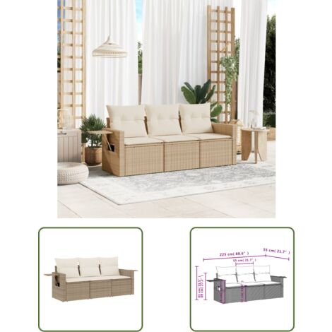 The Living Store 3-tlg. Garten-Sofagarnitur mit Kissen Beige Poly Rattan - Gartenmöbel - Sofasitzgruppe - PE-Rattan Möbel - Outdoor Lounge Set - Balkonmöbel