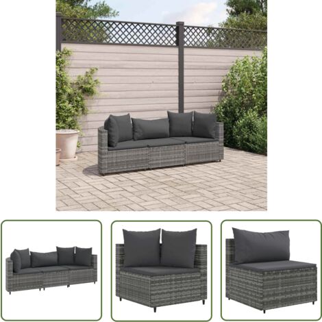 The Living Store 3-tlg. Garten-Sofagarnitur mit Kissen Grau Poly Rattan - Gartenmöbel - Lounge Set - Esszimmergarnitur - Rattan Möbel - Gartenlounge