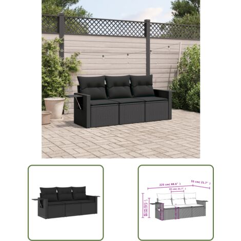 The Living Store 3-tlg. Garten-Sofagarnitur mit Kissen Schwarz Poly Rattan - Gartenmöbel - Outdoor Möbel - Rattan Gartenset - Lounge Set - Sofasitzgruppe