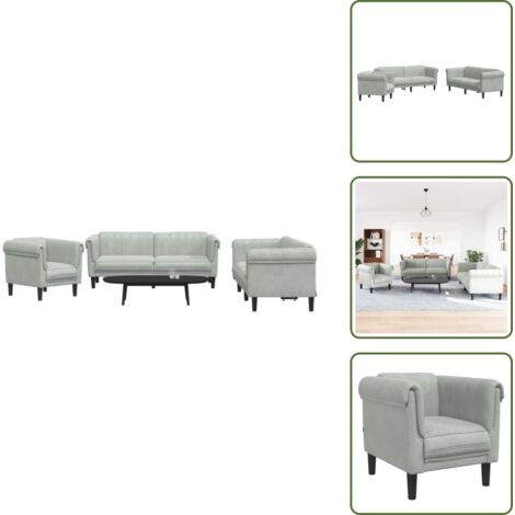 The Living Store 3-tlg. Sofagarnitur Hellgrau Samt - Samtsofa - Wohnzimmersofa - Couch - Couchtisch - Lounge Möbel