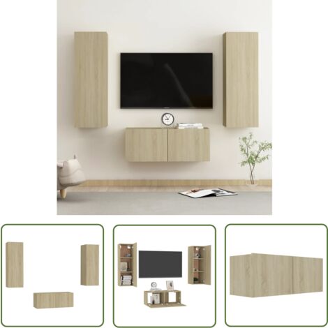 The Living Store 3-tlg. TV-Schrank-Set Sonoma-Eiche Holzwerkstoff - TV Schrank - Wandmontage - Regal - Wohnraum Dekoration - Eiche Möbel