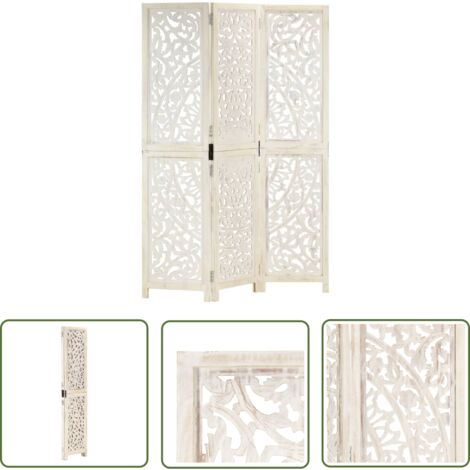 The Living Store 3tlg. Raumteiler Handgeschnitzt Weiß 120×165cm Mango Massivholz - Holz Raumteiler - Handgeschnitzter Raumteiler - Wohnzimmer Dekoration - Trennwandsystem - Wohnzimmerstil