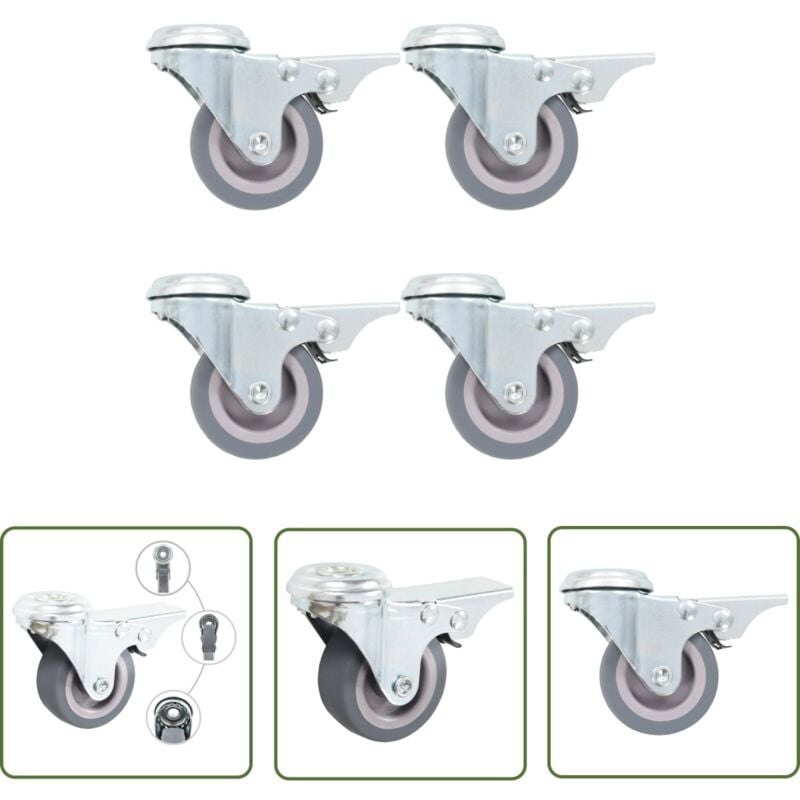 The Living Store - 4 pcs Roulettes pivotantes à trou de boulon à double frein 50mm - Roulettes Pivotantes - Roulettes à Double Frein - Roulettes