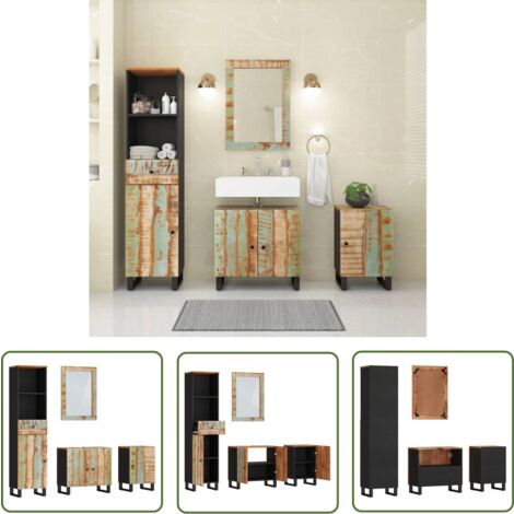 The Living Store 4-tlg. Badmöbel-Set Massives Altholz - Holzbadmöbel - Altholzmöbel - Badezimmermöbel Set - Spiegelschrank - Unterschrank