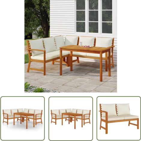 The Living Store 4-tlg. Garten-Essgruppe mit Kissen Massivholz Akazie - Gartengruppe - Gartenmöbel - Esstisch - Holzbank - Sofa