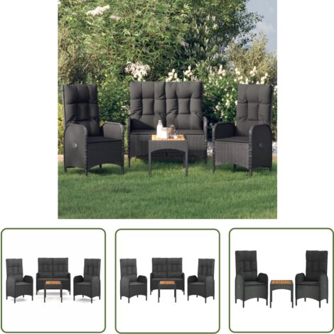 The Living Store 4-tlg. Garten-Essgruppe mit Kissen Schwarz Poly Rattan - Gartengruppe - Gartenmöbel - Esstisch - Gartenstühle - Gartenbank