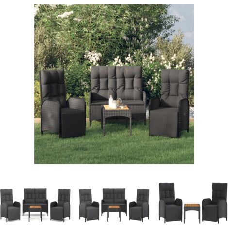 The Living Store 4-tlg. Garten-Essgruppe mit Kissen Schwarz Poly Rattan - Gartenmöbel-Sets
