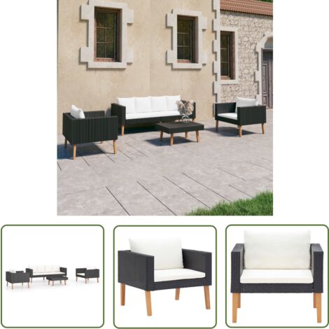 The Living Store 4-tlg. Garten-Lounge-Set mit Auflagen Poly Rattan Schwarz - Gartensofa - Lounge-Set - Gartenmöbeln - Outdoor-Möbel - Rattanmöbel