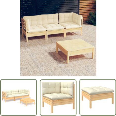 The Living Store 4-tlg. Garten-Lounge-Set mit Creme Kissen Kiefernholz - Gartenmöbeln - Loungeset - Gartenloungesessel - Rattan Möbel - Outdoor Furniture