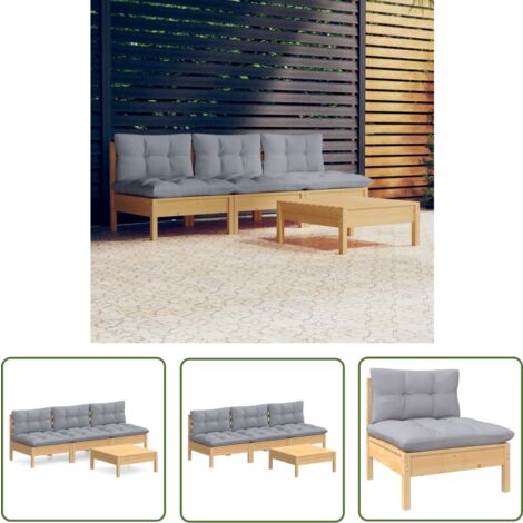 The Living Store 4-tlg. Garten-Lounge-Set mit Grauen Kissen Kiefernholz - Gartenmöbeln - Loungeset - Gartenloungesessel - Rattan Möbel - Outdoor Furniture