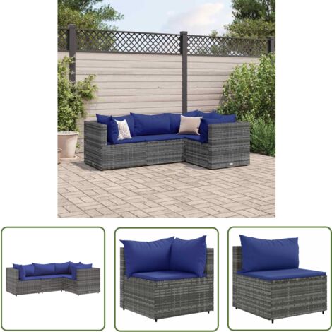 The Living Store 4-tlg. Garten-Lounge-Set mit Kissen Grau Poly Rattan - Gartengeset - Loungeset - Gartenmöbel - Rattan Möbel - Outdoor Möbel