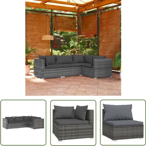 The Living Store 4-tlg. Garten-Lounge-Set mit Kissen Poly Rattan Grau - Garten Lounge Set - Outdoor Möbel - Rattan Gartenmöbel - Sofa Set - Balkonmöbel