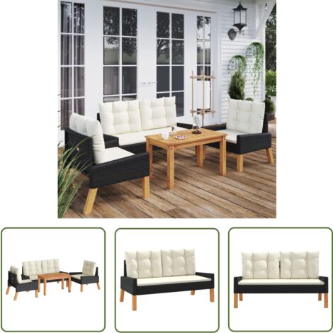 The Living Store 4-tlg. Garten-Lounge-Set mit Kissen Poly Rattan&Massivholz - Gartensofa - Lounge Set - Gartenmöbeln - Outdoor Möbel - Rattan Gartenmöbel