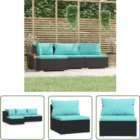 The Living Store 4-tlg. Garten-Lounge-Set mit Kissen Schwarz Poly Rattan - Gartengestell - Lounge Set - Gartenmöbel - Outdoor Möbel - PE-Rattan