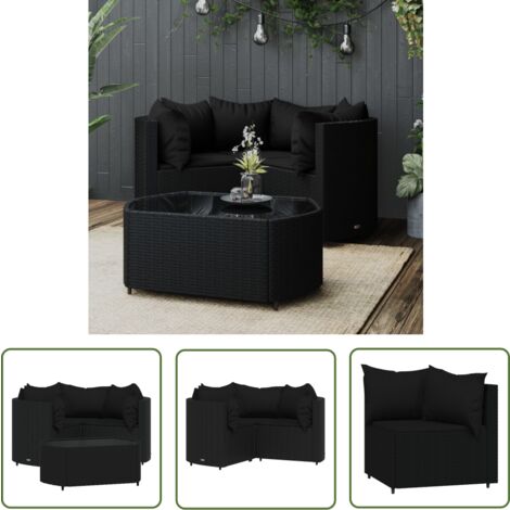 The Living Store 4-tlg. Garten-Lounge-Set mit Kissen Schwarz Poly Rattan - Gartensessel - Loungesessel - Gartenmöbeln - Outdoor Möbel - Rattan Sessel