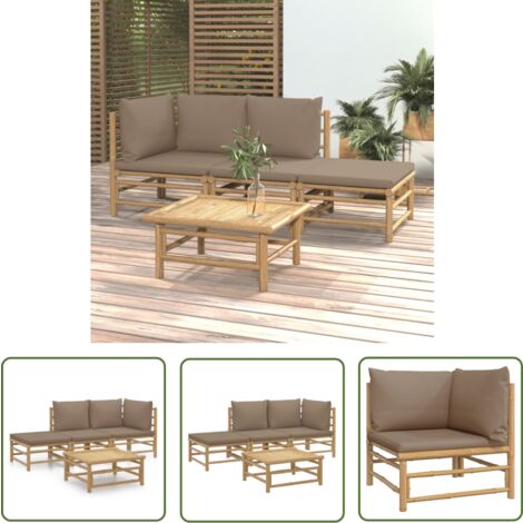 The Living Store 4-tlg. Garten-Lounge-Set mit Taupe Kissen Bambus - Bambus Möbel - Gartenloungeset - Outdoor Möbel - Gartenmöbel - Esstisch