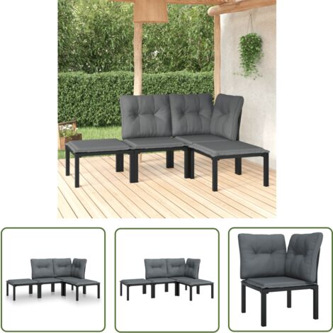 The Living Store 4-tlg. Garten-Lounge-Set Schwarz und Grau Poly Rattan - Gartengeräte - Gartenmöbel - Loungesessel - Outdoor Möbel - Rattanmöbel
