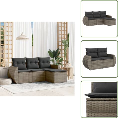 The Living Store 4-tlg. Garten-Sofagarnitur mit Kissen Grau Poly Rattan - Gartensortiment - Gartenmöbelset - Outdoormöbel - Lounge Set - Rattan Gartenmöbel