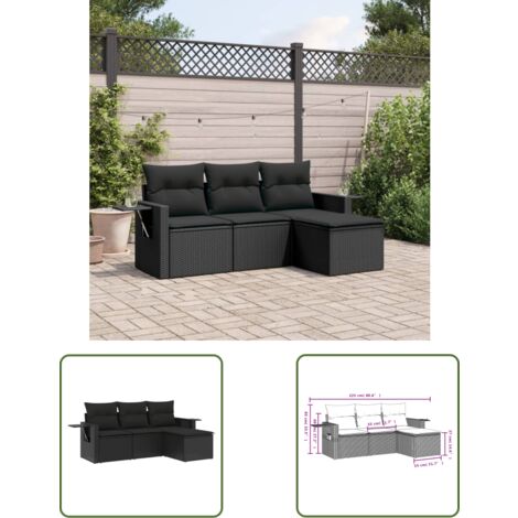 The Living Store 4-tlg. Garten-Sofagarnitur mit Kissen Schwarz Poly Rattan - Gartenmöbel - Outdoor Möbel - Rattan Gartenset - Lounge Set - Sofasitzgruppe