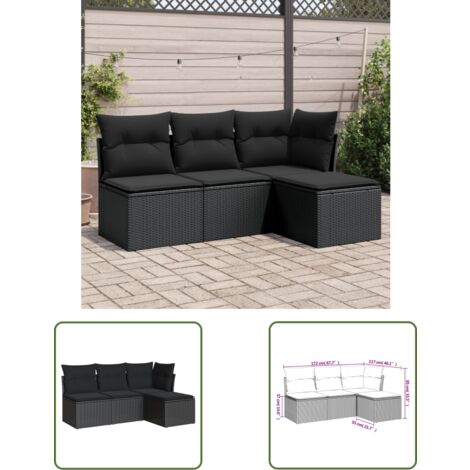 The Living Store 4-tlg. Garten-Sofagarnitur mit Kissen Schwarz Poly Rattan - Gartenmöbel - Outdoor Möbel - Rattan Sofa - Lounge Set - Esstischgarnitur