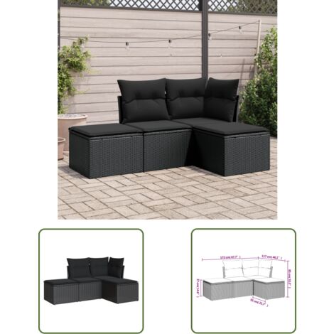 The Living Store 4-tlg. Garten-Sofagarnitur mit Kissen Schwarz Poly Rattan - Gartensorgsgarnitur - Outdoor Möbel - Lounge Set - Gartenlounge - Rattan Sofa
