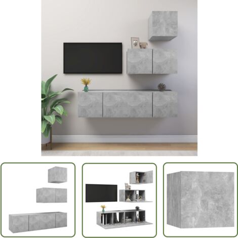 The Living Store 4-tlg. TV-Schrank-Set Betongrau Holzwerkstoff - TV-Schrank - Hängender TV-Schrank - Wohnwand - Regal - Fernsehregal