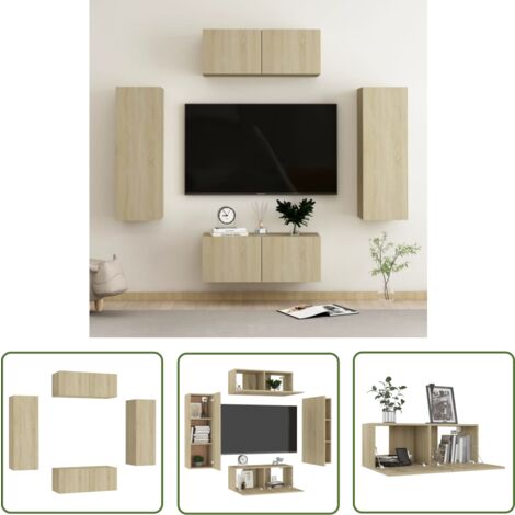 The Living Store 4-tlg. TV-Schrank-Set Sonoma-Eiche Holzwerkstoff - TV Schrank - Wandmontage - Wohnraum Dekoration - Regal - Eiche Möbel
