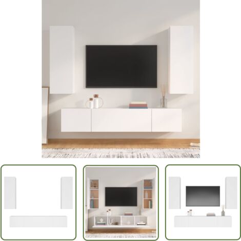 The Living Store 4-tlg. TV-Schrank-Set Weiß Holzwerkstoff - TV-Schrank - Holzwerkstoff Möbel - Weißer TV-Stand - Wandmontage - Wohnzimmer Dekoration