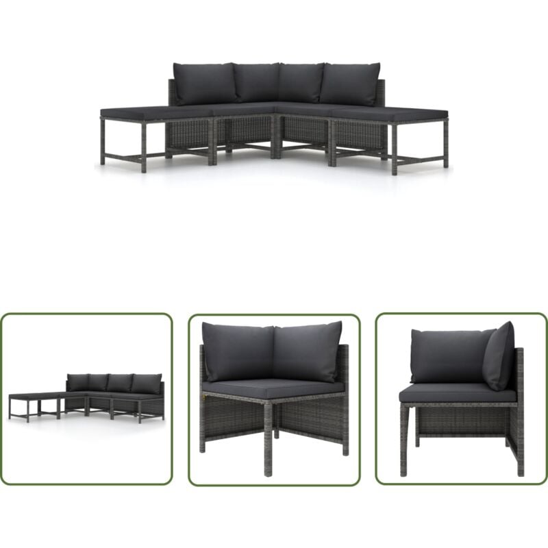The Living Store Salon de jardin 5 pcs avec coussins Gris Résine tressée - Canapé De Jardin - Mobilier De Jardin - Salon De Jardin - Set De Salon
